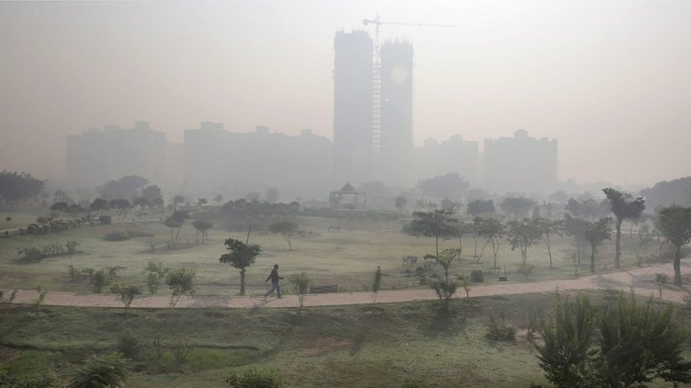 Индиец совершает утреннюю прогулку в сквере, окруженном смогом, на окраине Дели, Индия, 20 ноября 2015 года.