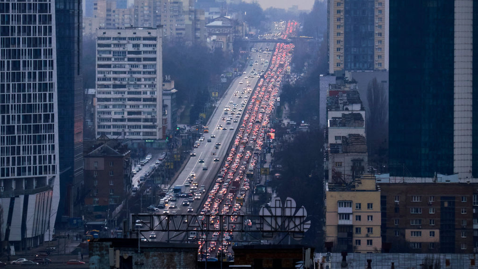 Cars blocking the road out of Kyiv