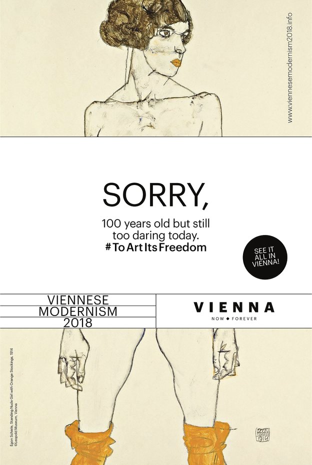 "Lo sentimos. Tiene 100 años pero sigue siendo demasiado osada. #ToArtItsFreedom", dice sobre el bloqueador. © WienTourismus-Wien Nord "Mujer desnuda con medias naranja" en poster de la campaña del Modernismo Vienés