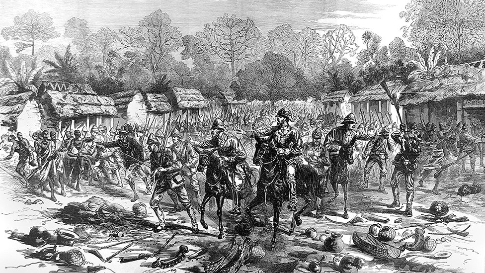 19th Century illustration showing the British attack on the Asante capital of Kumasi