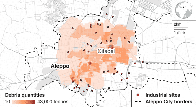 Map showing where Aleppo's debris is located