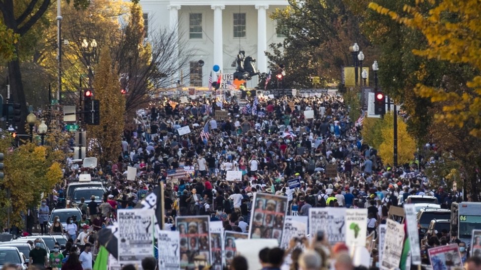 Thousands of people celebrate after news organizations called the US 2020 presidential election for Joe Biden