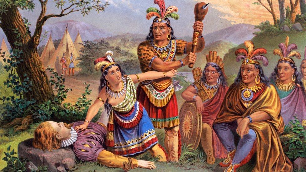 Ilustração de Pocahontas impedindo seu matar de matar um colonizador