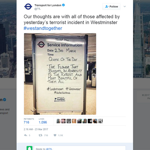 Mensaje desde la cuenta oficial de Twitter del Sistema de Transporte de Londres @TFL Mensaje desde la cuenta oficial de Twitter del Sistema de Transporte de Londres @TFL