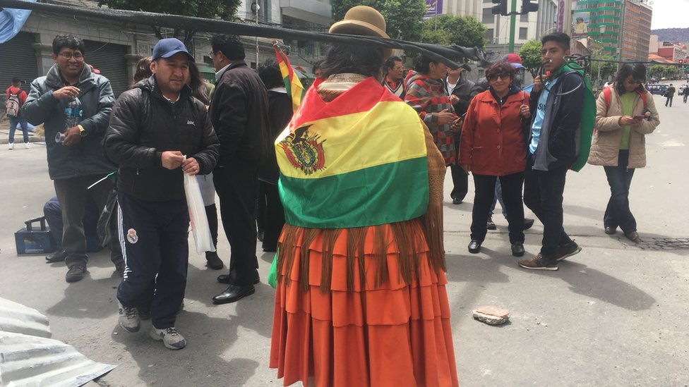 Эльза Андраде стоит на улице, в традиционной юбке и с боливийским флагом