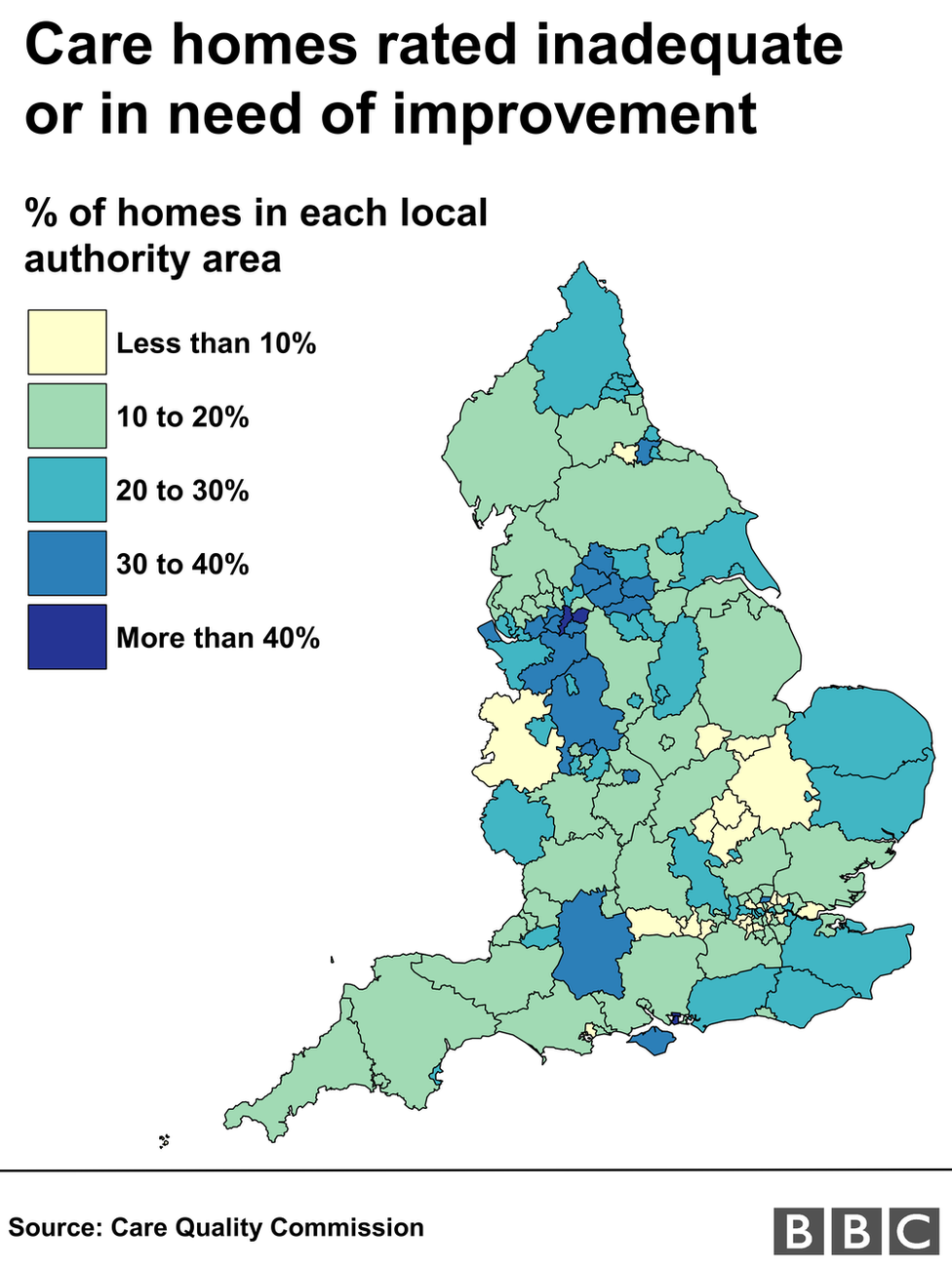 Карта, показывающая долю домов престарелых, нуждающихся в улучшении, по районам местного самоуправления