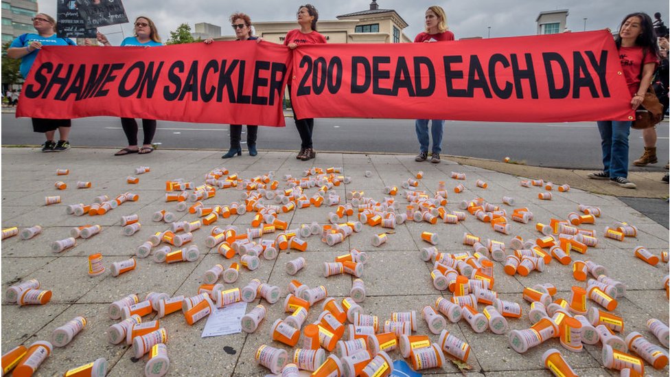 Campaigners outside Purdue Pharma headquarters in Stamford in 2019
