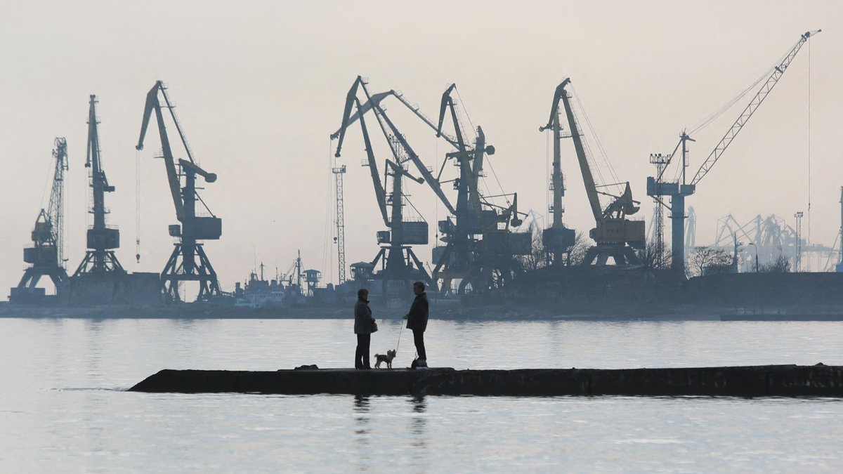 Par šeta psa na obali Azovog mora u marijupoljskoj luci, 23. februar 2022.