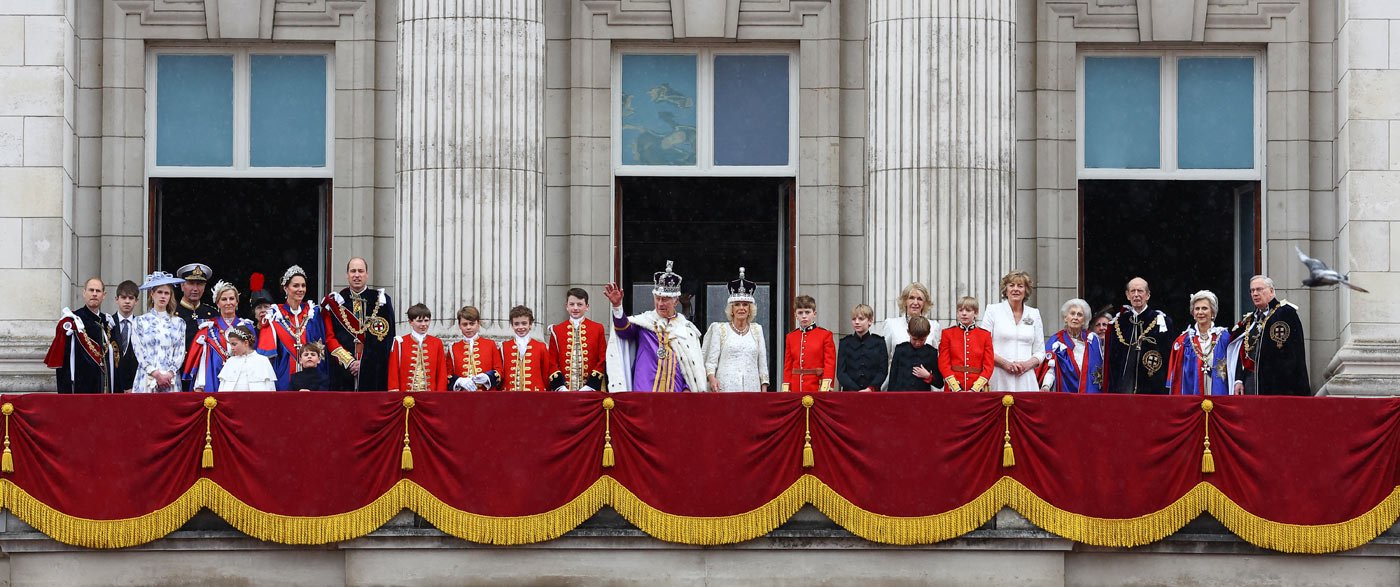 King Charles and Queen Camilla with other members of the Royal Family on the balcony at Buckingham Palace