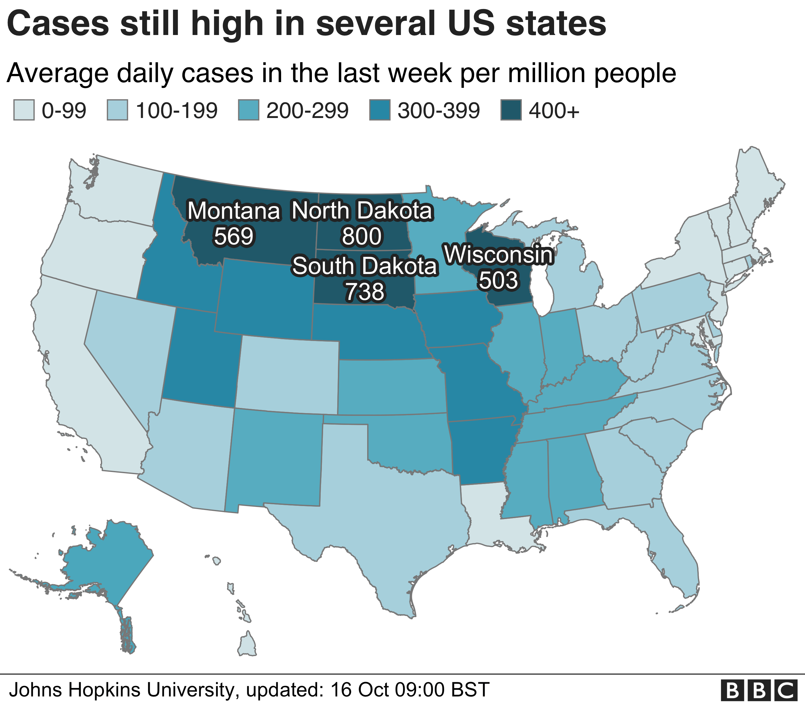 Map of US shows daily cases by state