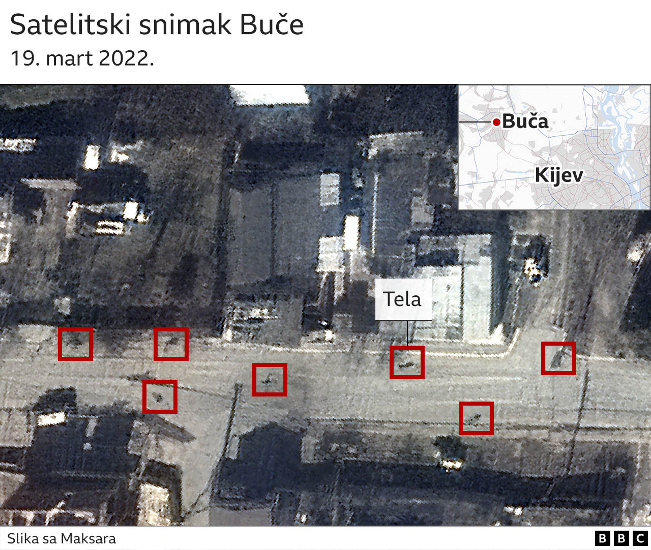 Satelitskiu snimak koji pokazuje tela u Buči, 19. mart