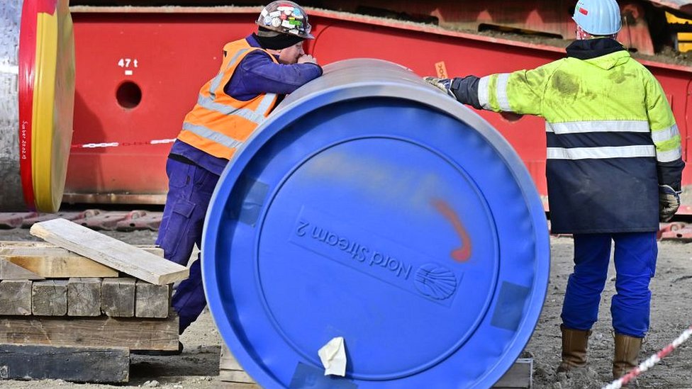 Trabajadores de la construcción en el sitio de Nord Stream 2 en Lubmin, Alemania.