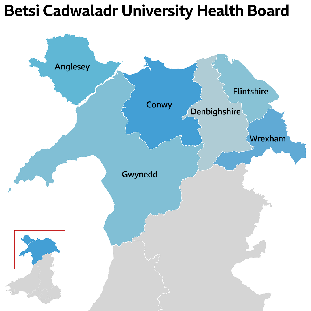 Графическая карта, показывающая территорию северного Уэльса, покрываемую Советом здравоохранения университета Бетси Кадваладр