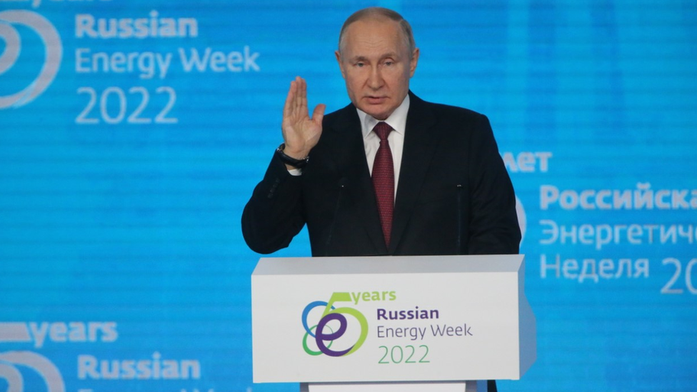 Russian President Vladimir Putin gives a speech during the plenary session of the Russian Energy Week 2022 on 12 October in Moscow, Russia.