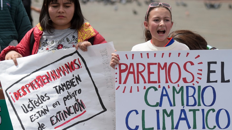 Dos niñas en Bogotá con carteles. Uno de las pancartas reza "paremos el cambio climático".