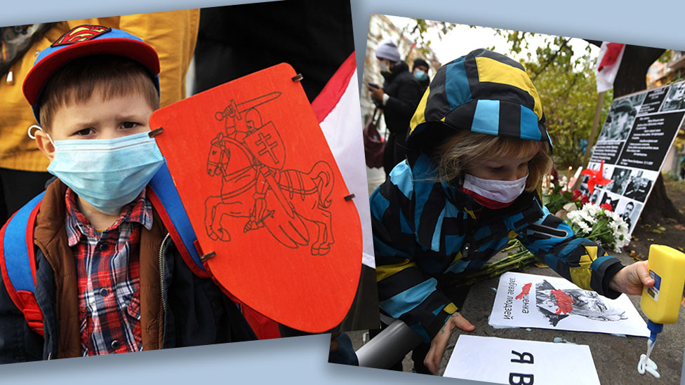 Дети на протестах в поддержку белорусской оппозиции в Киеве, Украина (слева) и Минске, Беларусь (справа), в ноябре 2020 года