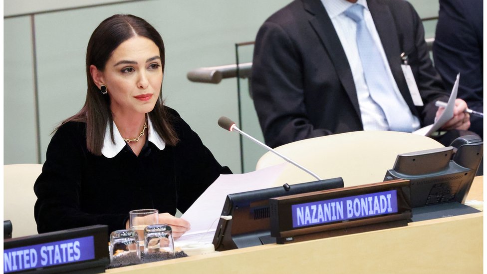 Nazanin Boniadi delivers remarks during a UN Security Council meeting focused on the ongoing protests in Iran, hosted by the United States and Albania, at the United Nations in Manhattan, New York City, on 2 November, 2022