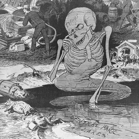 A ghostly skeleton arises from a lake surrounded by rubbish