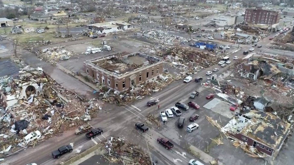Aerial view of damage in Mayfield