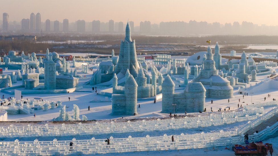 A wide view of an ice city at Harbin ice festival
