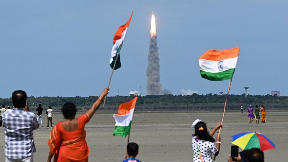 Indian rocket lifting off with Chandrayaan-3