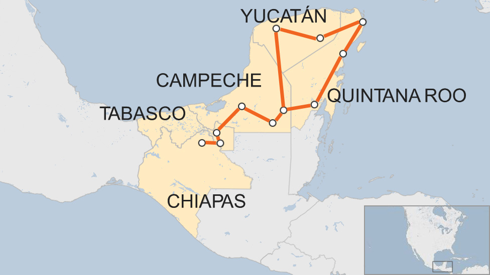 Mapa del sureste de México con algunos puntos a los que se prevé que llegue el tren.