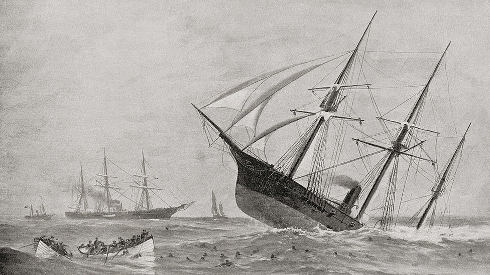 Ilustración de un naufragio del siglo XIX.