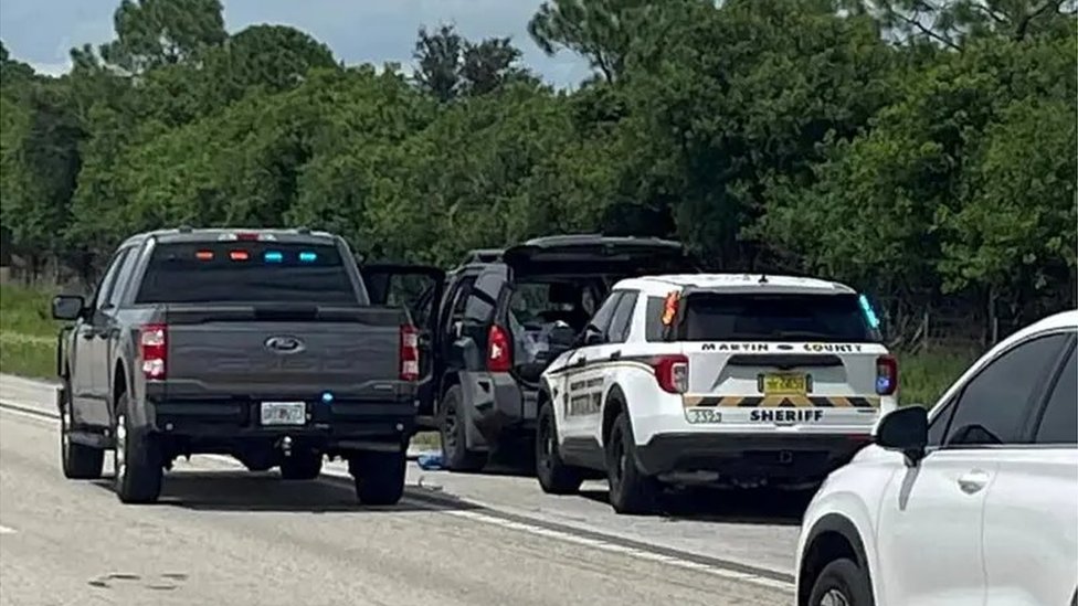 Police vehicles stop a car, following reports of multiple shots fired