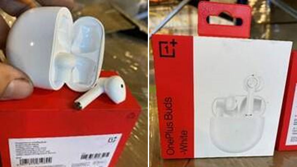 A split screen shows two images of the alleged counterfeit airpods, including a box with the logo and text of the OnePlus brand