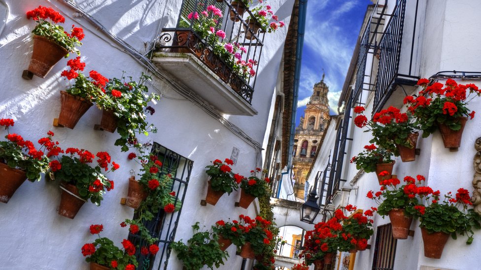 Calles de Córdoba, en Andalucía, llenas de macetas con geranios.