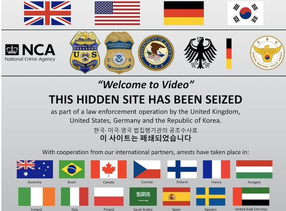 Здесь показан экран «Этот сайт был захвачен» с логотипами правоохранительных органов США, Великобритании, Германии и других
