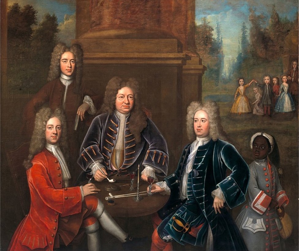 An 18th Century British painting of Elihu Yale with the 2nd Duke of Devonshire, Lord James Cavendish, Mr Tunstal, and a Page or a slave by an unknown artist