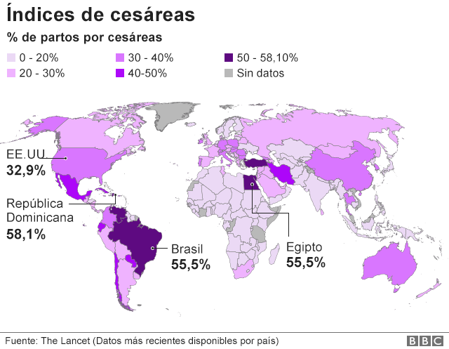 Mapa del índice de cesáreas en el mundo