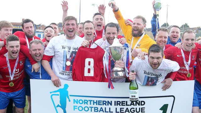 Ards celebrate winning promotion to the Irish Premiership