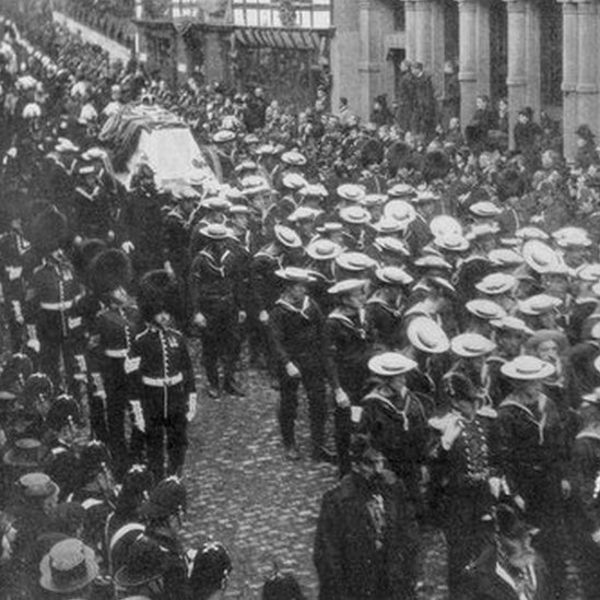 Royal Navy sailors pulling the gun carriage with Queen Victoria's coffin during her funeral in 1901
