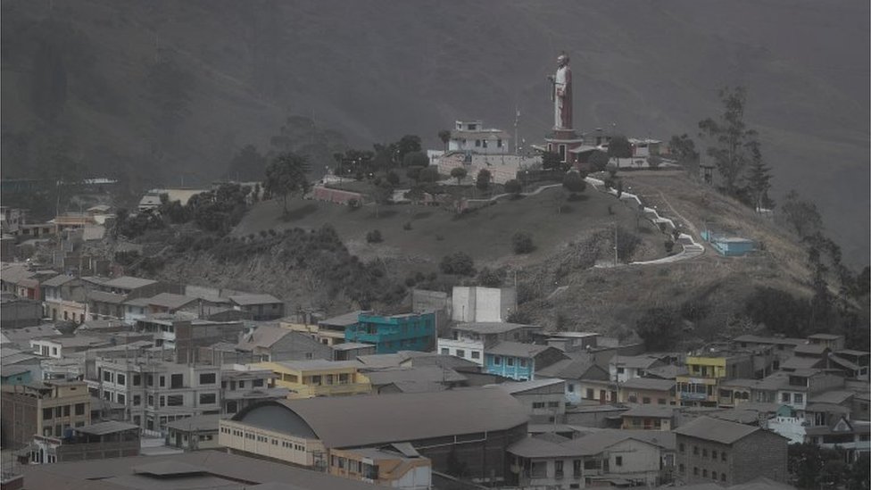 View of ash from the Sangay volcano on the rooftops in the town of Alausi, in the province of Chimborazo, Ecuador, 20 September 2020