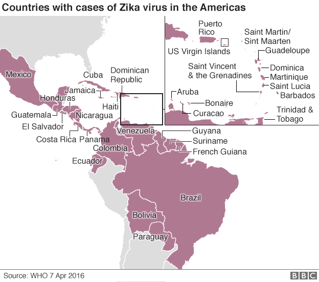 Карта, показывающая страны, в которых были подтверждены случаи заражения вирусом Зика