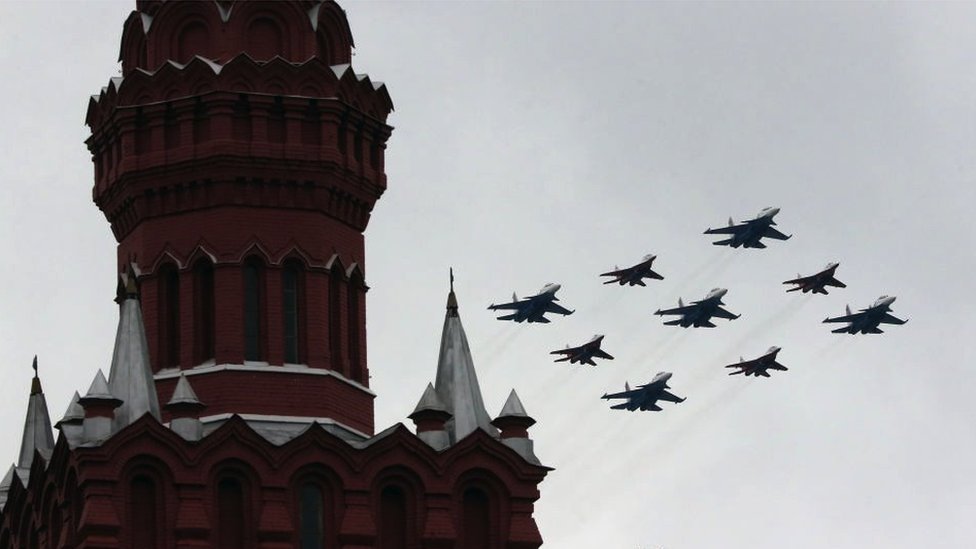 Russian jet fighters fly over the Kremlin during the military parade at Red Square on May 9, 2021 in Moscow, Russia.