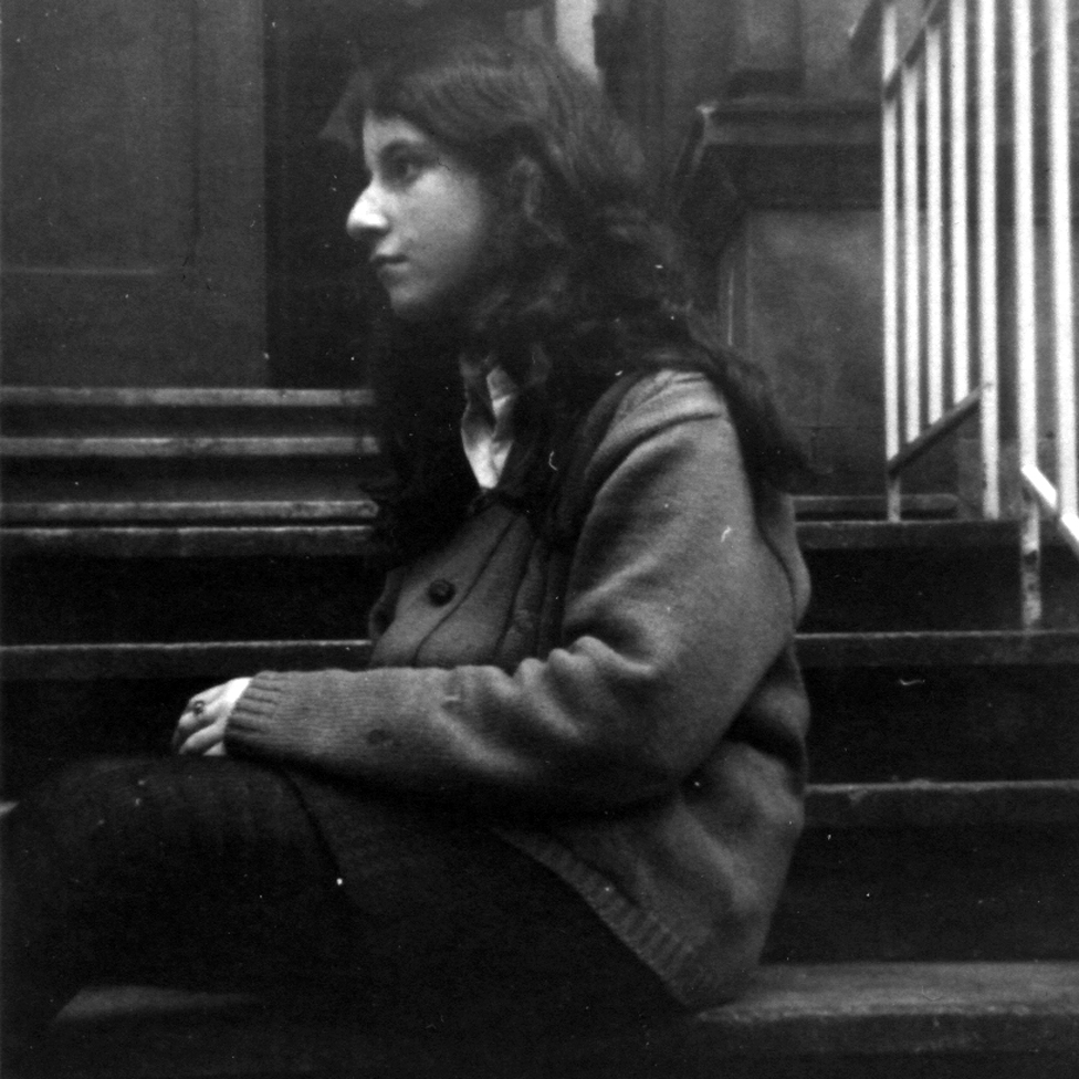 Margo photographed on the front steps of her home in Hyndland, Glasgow, before the nose job, in 1967 or 1968