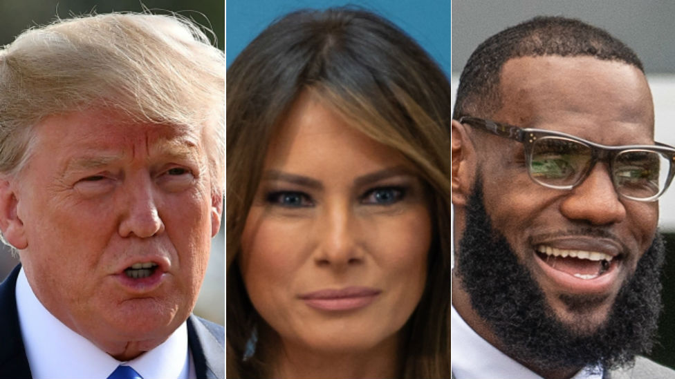 From left to right: Donald Trump, Melania Trump, LeBron James