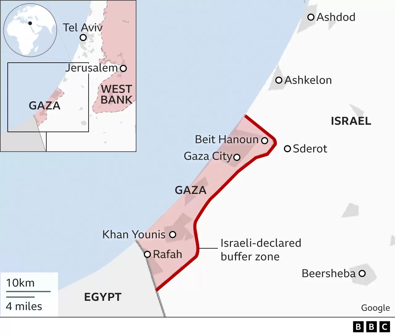 Map showing Gaza and southern Israel