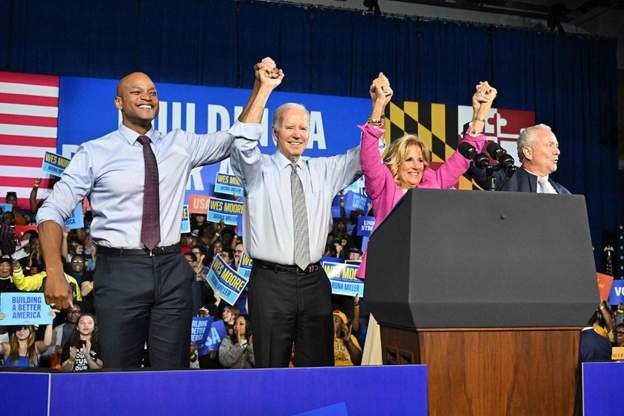 Joe Biden made his final plea to a cheering crowd at a rally in Maryland on Tuesday for gubernatorial candidate Wes Moore. The president warned democracy was "on the ballot" in these midterms