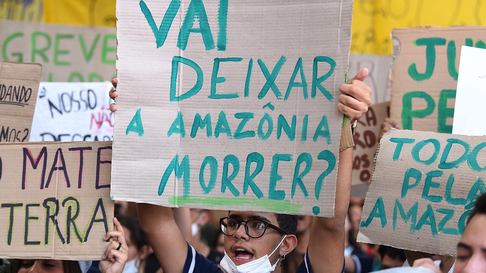 Young man in Brazil with a banner that says "Are they going to let the Amazon die?"