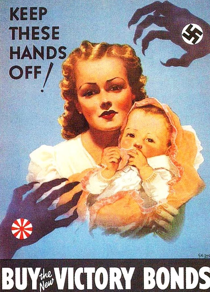 Propaganda americana de 1943 mostra ilustração de sombras de mãos com unhas cumpridas e uma suástica em volta de uma mulher branca e loira com um bebê no colo