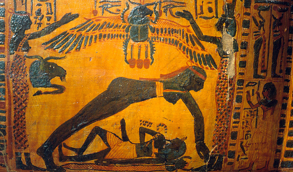 Detalle del sarcófago pintado de Butehamon. En el acto de la creación, el dios del aire Shu sostiene en alto a la diosa del cielo Nut, separándola de Geb. Egipto Antiguo. 21a dinastía c 1069 945 a.C.