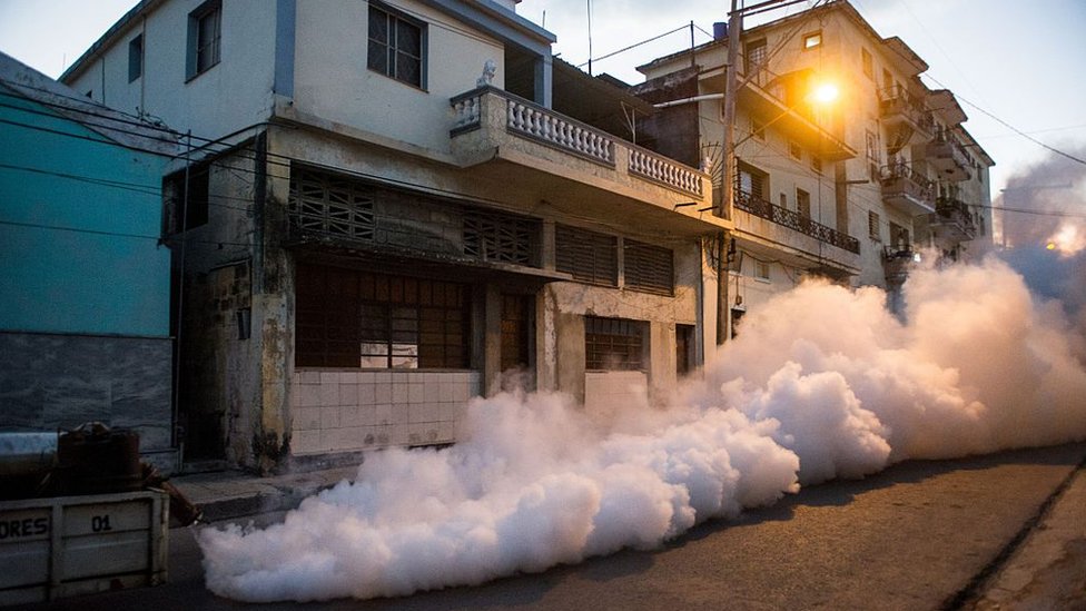 Органы здравоохранения с помощью кубинской армии проводят дезинфекцию комара Aedes aegypti, чтобы предотвратить распространение вируса Зика, чикунгунья и денге на улице Гаваны 23 февраля 2016 г.