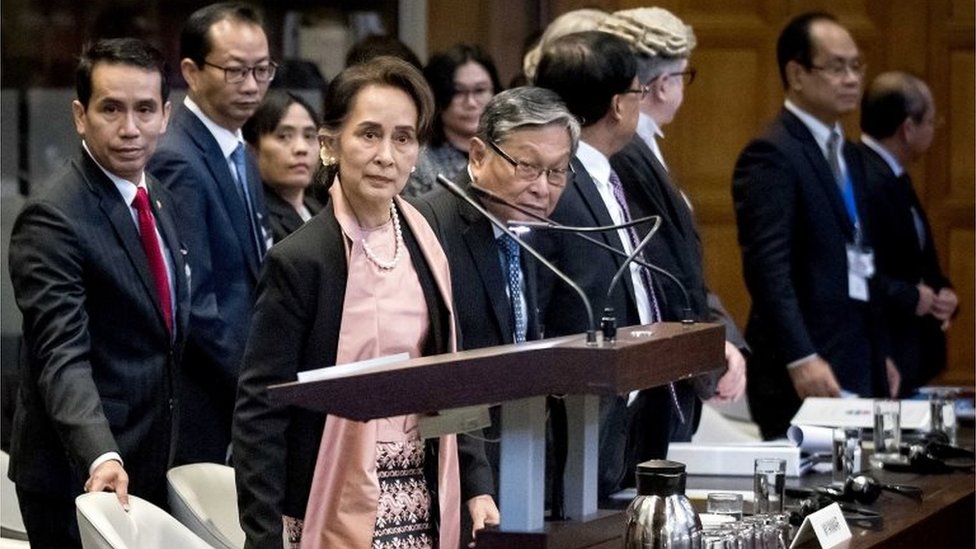Penasehat negara Myanmar Aung San Suu Kyi di International Court of Justice (ICJ) Den Haag 10 Desember 2019.