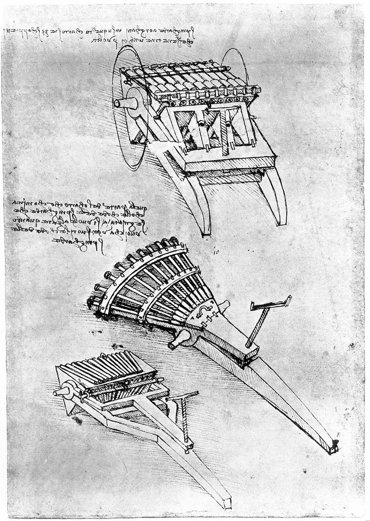 Dibujo de la ametralladora rudimentaria que hizo Da Vinci.