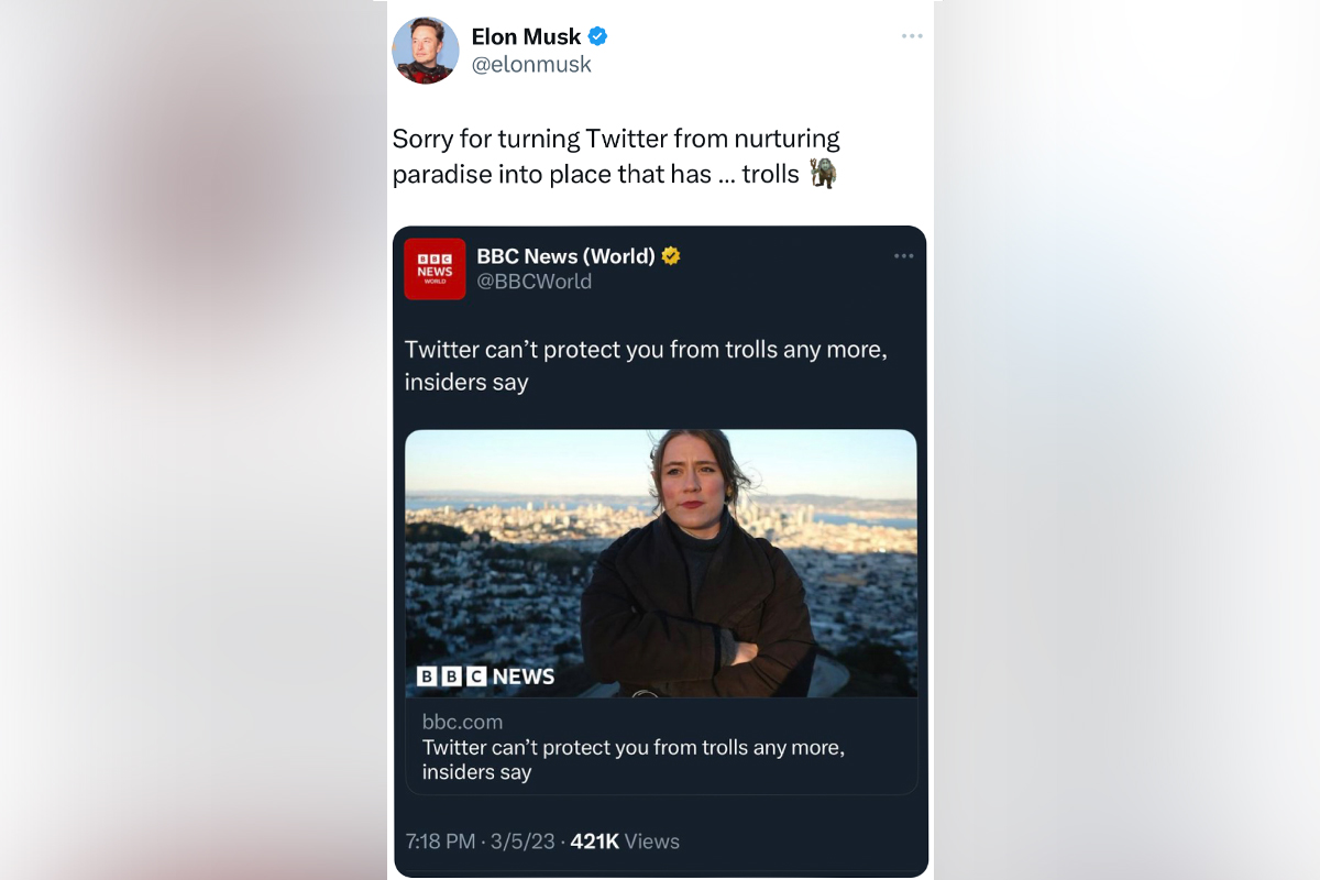 Screengrab of Elon Musk's tweek about this article