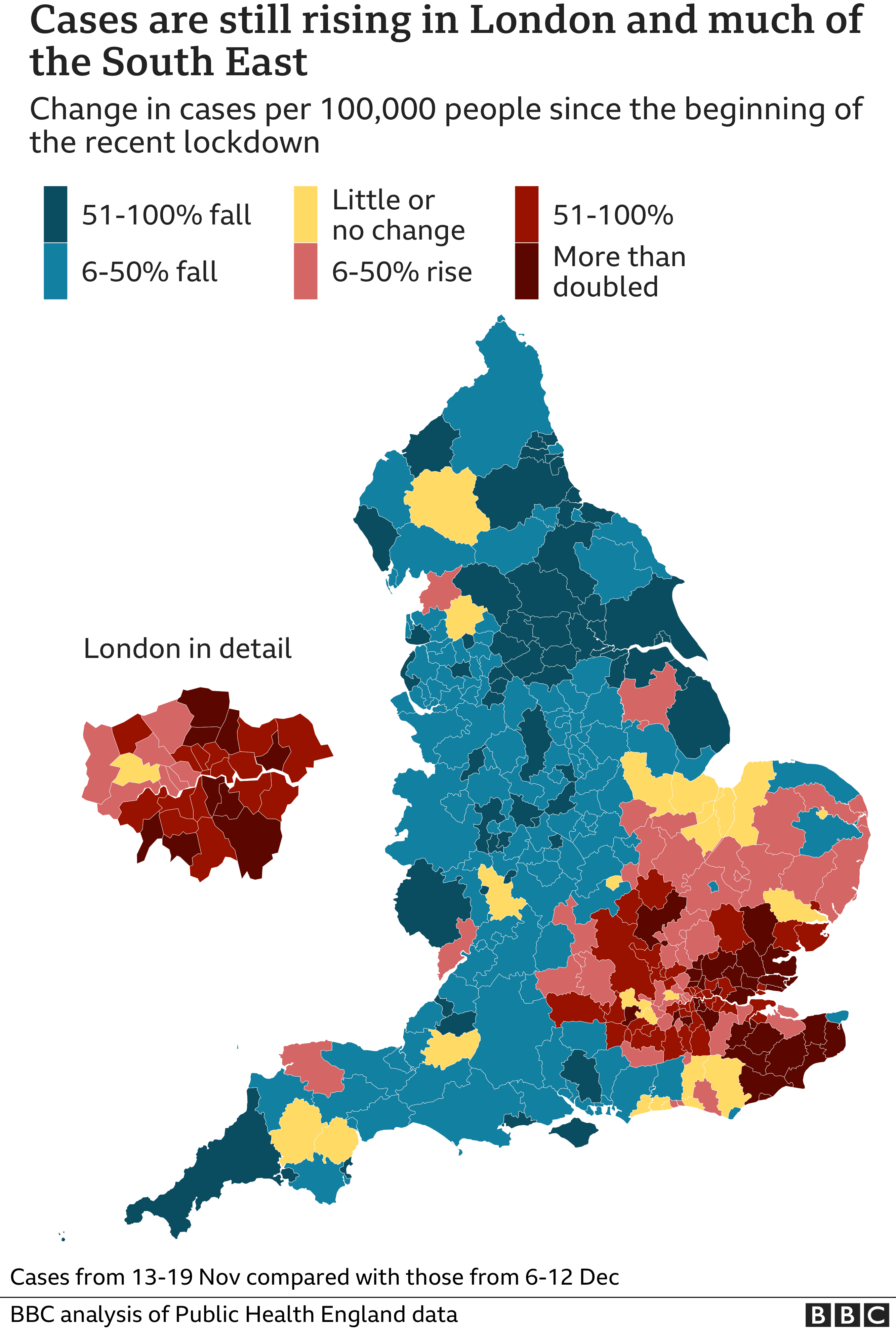 A map showing changes in case rates